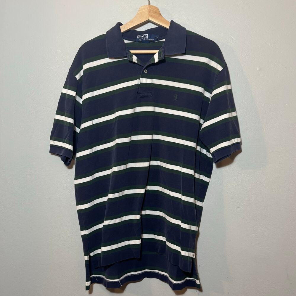 Vintage 90s Men's Size XL Polo Ralph Lauren Striped Polo Green Navy White Cotton